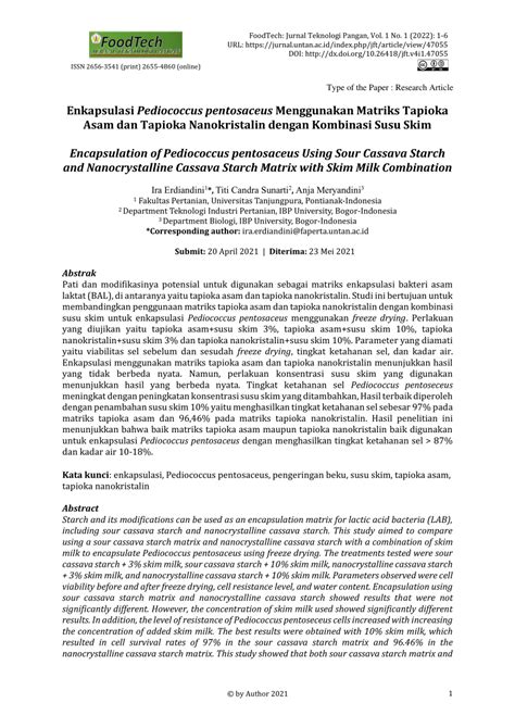 Pdf Enkapsulasi Pediococcus Pentosaceus Menggunakan Matriks Kombinasi Tapioka Asam Dan Tapioka Nanokristalin Dengan Susu Skim