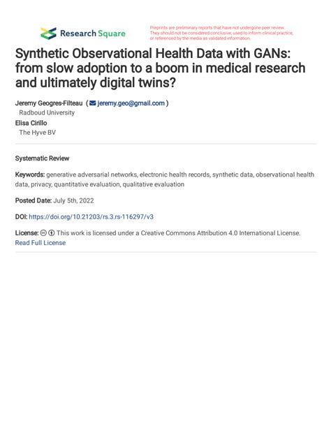 Pdf Synthetic Observational Health Data With Gans From Slow Adoption To A Boom In Medical Research And Ultimately Digital Twins