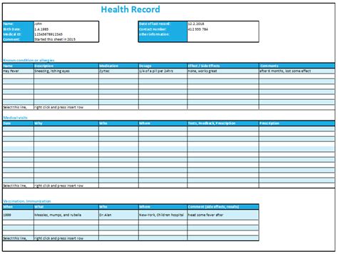 Personal Health Record Template Excel