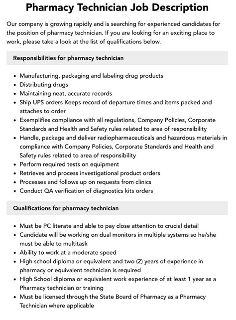 Pharmacy Technician Specialist Job Description