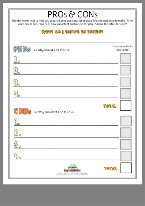 Pros And Cons Worksheet Therapy