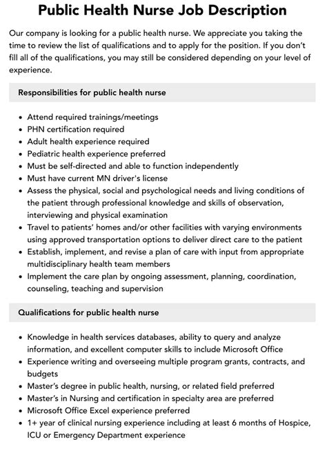 Public Health Nurse Job Description