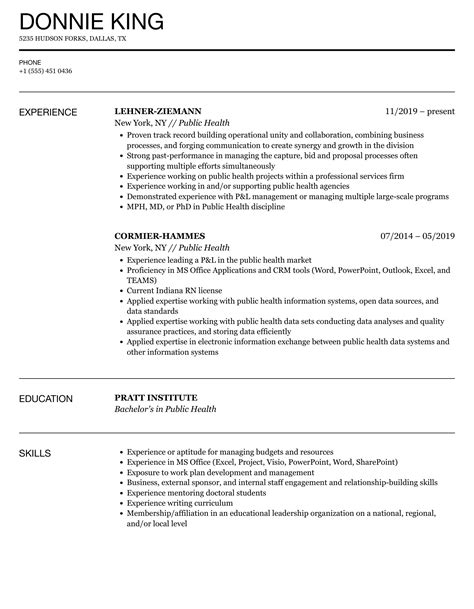 Public Health Resume Objective Examples