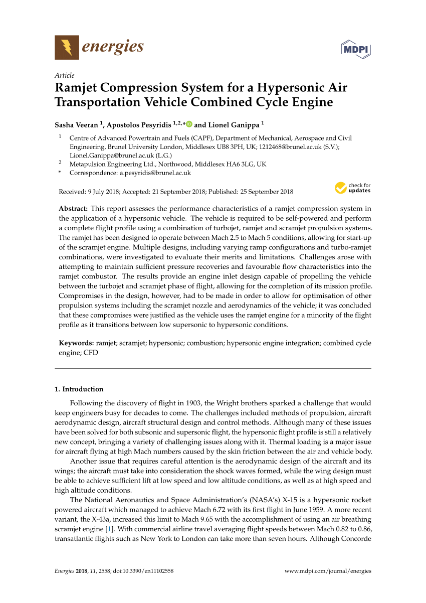 Ramjet Compression System For A Hypersonic Air Transportation Vehicle Combined Cycle Engine