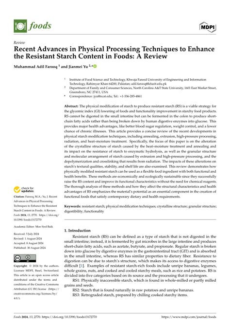 Recent Advances In Physical Processing Techniques To Enhance The Resistant Starch Content In Foods A Review