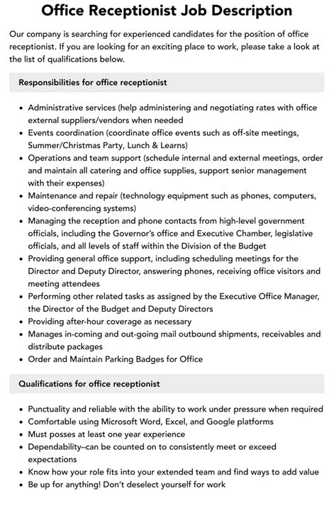 Receptionist Job Description