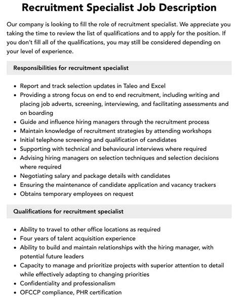 Recruitment Specialist Job Description Pdf