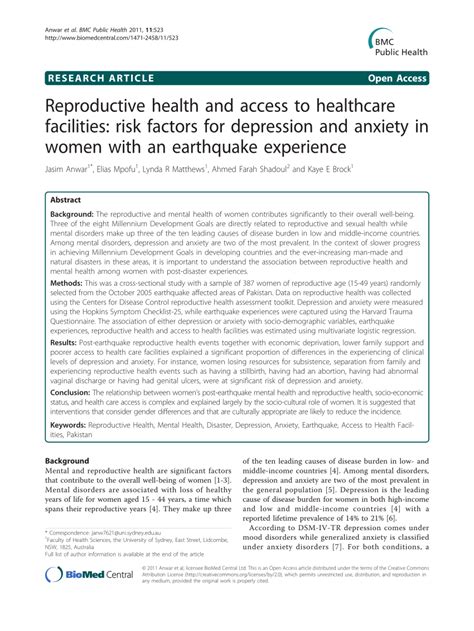 Reproductive Health And Access To Healthcare Facilities Risk Factors For Depression And Anxiety In Women With An Earthquake Experience Bmc Public Health Full Text