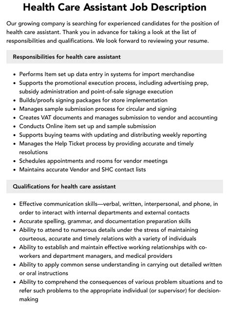 Responsibilities Of Health Care Assistant