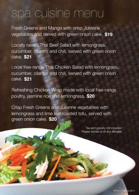 Riviera Health Spa Food Menu