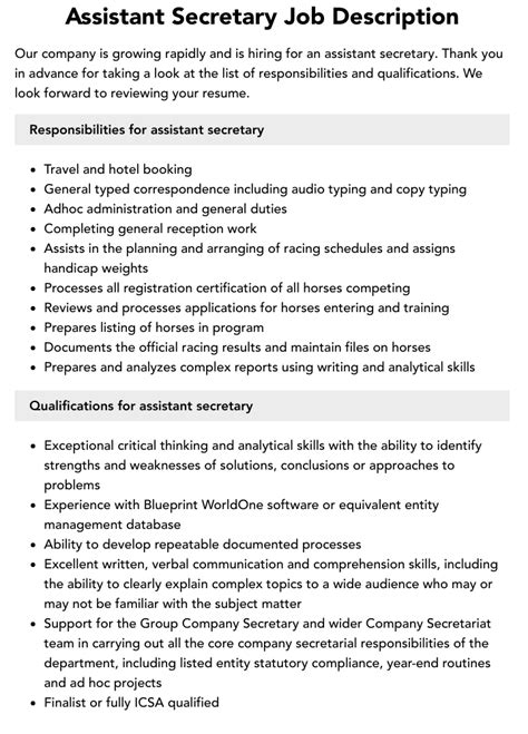 Secretary Job Description Secretary Roles Responsibilities Duties