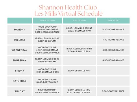 Shannon Health Club Class Schedule