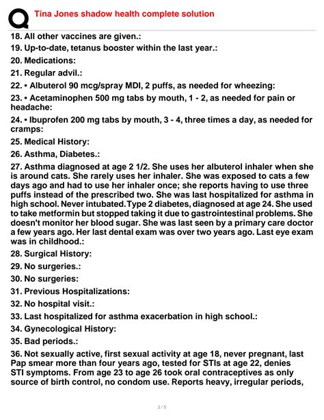 Solution Tina Jones Shadow Health Complete Solution Studypool