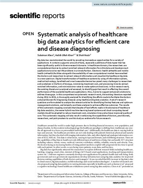 Systematic Analysis Of Healthcare Big Data Analytics For Efficient Care And Disease Diagnosing Scientific Reports