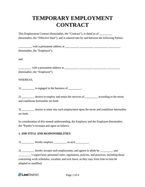 Temporary Employment Contract Template Legal Templates