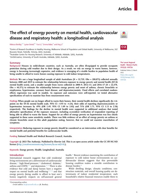 The Effect Of Energy Poverty On Mental Health Cardiovascular Disease And Respiratory Health A Longitudinal Analysis The Lancet Regional Health Western Pacific