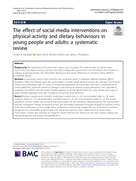 The Effect Of Social Media Interventions On Physical Activity And Dietary Behaviours In Young People And Adults A Systematic Review International Journal Of Behavioral Nutrition And Physical Activity Full Text