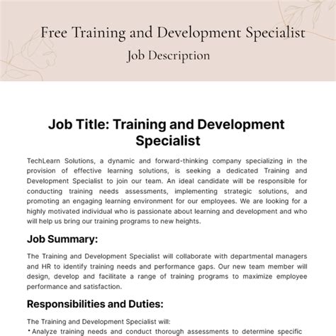 Training And Development Specialist Requirements