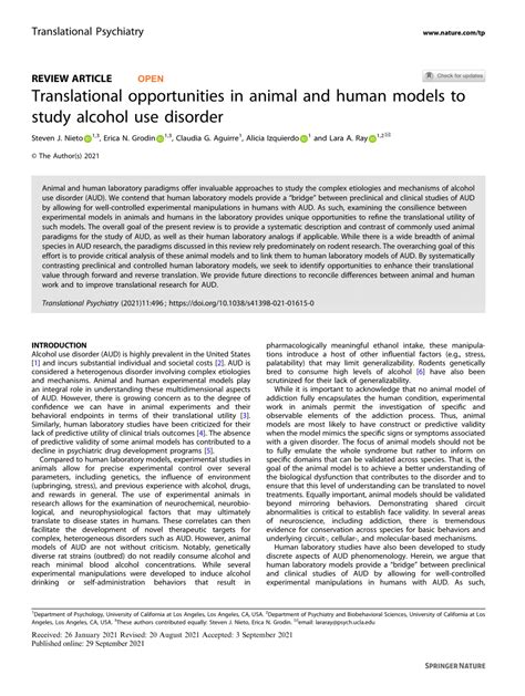 Translational Opportunities In Animal And Human Models To Study Alcohol Use Disorder Translational Psychiatry