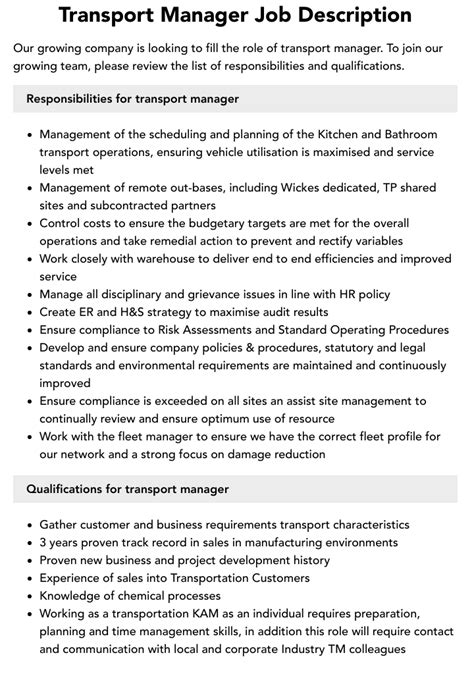 Transport Manager Job Description Uk