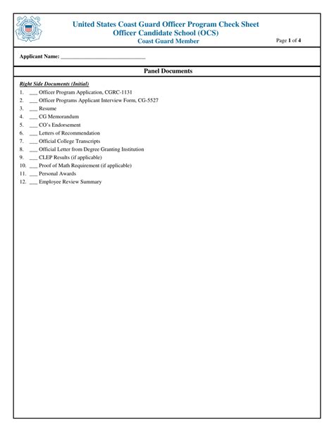 United States Coast Guard Officer Program Check Sheet Fill Out Sign