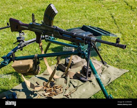 Vintage First World War Machine Gun With Ammunition Bullets Wartime